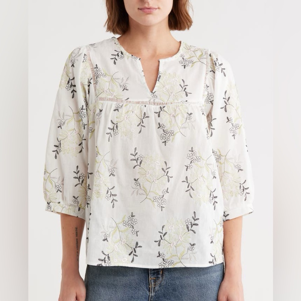 Bobeau Floral Embroidered Cotton Top Large Blouse 3/4 Sleeve